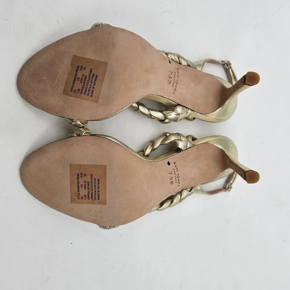 Kate Spade Saffron Heels Sandals Metallic Gold Braided in Pale Gold 7.5 NEW